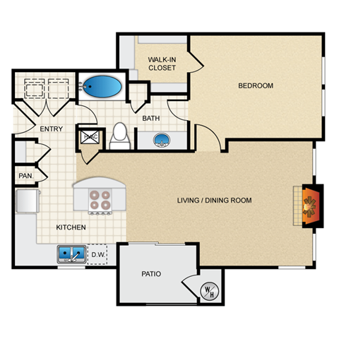 Floor plan for 1 bed, 1 bath, 788 sqft